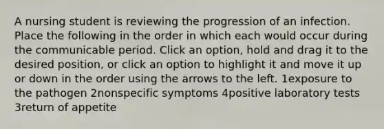 A nursing student is reviewing the progression of an infection. Place the following in the order in which each would occur during the communicable period. Click an option, hold and drag it to the desired position, or click an option to highlight it and move it up or down in the order using the arrows to the left. 1exposure to the pathogen 2nonspecific symptoms 4positive laboratory tests 3return of appetite