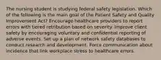 The nursing student is studying federal safety legislation. Which of the following is the main goal of the Patient Safety and Quality Improvement Act? Encourage healthcare providers to report errors with tiered retribution based on severity. Improve client safety by encouraging voluntary and confidential reporting of adverse events. Set up a plan of network safety databases to conduct research and development. Force communication about incidence that link workplace stress to healthcare errors.