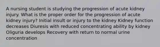 A nursing student is studying the progression of acute kidney injury. What is the proper order for the progression of acute kidney injury? Initial insult or injury to the kidney Kidney function decreases Diuresis with reduced concentrating ability by kidney Oliguria develops Recovery with return to normal urine concentration