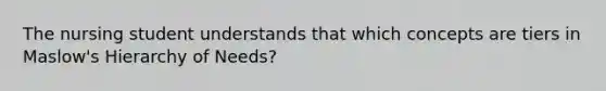 The nursing student understands that which concepts are tiers in Maslow's Hierarchy of Needs?