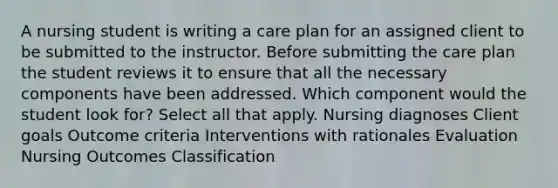 A nursing student is writing a care plan for an assigned client to be submitted to the instructor. Before submitting the care plan the student reviews it to ensure that all the necessary components have been addressed. Which component would the student look for? Select all that apply. Nursing diagnoses Client goals Outcome criteria Interventions with rationales Evaluation Nursing Outcomes Classification