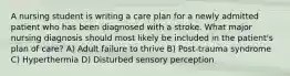 A nursing student is writing a care plan for a newly admitted patient who has been diagnosed with a stroke. What major nursing diagnosis should most likely be included in the patient's plan of care? A) Adult failure to thrive B) Post-trauma syndrome C) Hyperthermia D) Disturbed sensory perception