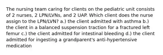The nursing team caring for clients on the pediatric unit consists of 2 nurses, 2 LPN/LVNs, and 2 UAP. Which client does the nurse assign to the LPN/LVN? a.) the client admitted with asthma b.) the client in a balanced suspension traction for a fractured left femur c.) the client admitted for intestinal bleeding d.) the client admitted for ingesting a grandparent's anti-hypertensive medication