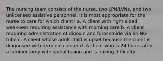 The nursing team consists of the nurse, two LPN/LVNs, and two unlicensed assistive personnel. It is most appropriate for the nurse to care for which client? a. A client with right-sided weakness requiring assistance with morning care b. A client requiring administration of digoxin and furosemide via an NG tube c. A client whose adult child is upset because the client is diagnosed with terminal cancer d. A client who is 24 hours after a laminectomy with spinal fusion and is having difficulty