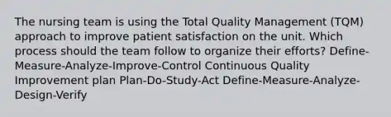 The nursing team is using the Total Quality Management (TQM) approach to improve patient satisfaction on the unit. Which process should the team follow to organize their efforts? Define-Measure-Analyze-Improve-Control Continuous Quality Improvement plan Plan-Do-Study-Act Define-Measure-Analyze-Design-Verify