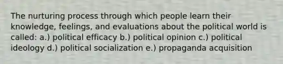 The nurturing process through which people learn their knowledge, feelings, and evaluations about the political world is called: a.) political efficacy b.) political opinion c.) political ideology d.) political socialization e.) propaganda acquisition