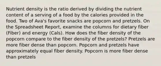 Nutrient density is the ratio derived by dividing the nutrient content of a serving of a food by the calories provided in the food. Two of Ava's favorite snacks are popcorn and pretzels. On the Spreadsheet Report, examine the columns for dietary fiber (Fiber) and energy (Cals). How does the fiber density of the popcorn compare to the fiber density of the pretzels? Pretzels are more fiber dense than popcorn. Popcorn and pretzels have approximately equal fiber density. Popcorn is more fiber dense than pretzels