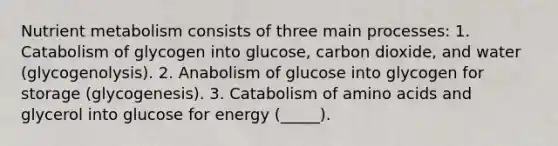 Nutrient metabolism consists of three main processes: 1. Catabolism of glycogen into glucose, carbon dioxide, and water (glycogenolysis). 2. Anabolism of glucose into glycogen for storage (glycogenesis). 3. Catabolism of amino acids and glycerol into glucose for energy (_____).