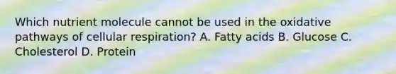 Which nutrient molecule cannot be used in the oxidative pathways of <a href='https://www.questionai.com/knowledge/k1IqNYBAJw-cellular-respiration' class='anchor-knowledge'>cellular respiration</a>? A. Fatty acids B. Glucose C. Cholesterol D. Protein