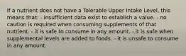 If a nutrient does not have a Tolerable Upper Intake Level, this means that:​ - ​insufficient data exist to establish a value. ​- no caution is required when consuming supplements of that nutrient. - ​it is safe to consume in any amount. ​- it is safe when supplemental levels are added to foods. ​- it is unsafe to consume in any amount.