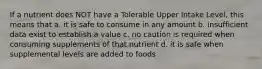 If a nutrient does NOT have a Tolerable Upper Intake Level, this means that a. it is safe to consume in any amount b. insufficient data exist to establish a value c. no caution is required when consuming supplements of that nutrient d. it is safe when supplemental levels are added to foods