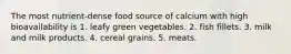 The most nutrient-dense food source of calcium with high bioavailability is 1. leafy green vegetables. 2. fish fillets. 3. milk and milk products. 4. cereal grains. 5. meats.