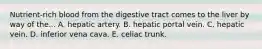 Nutrient-rich blood from the digestive tract comes to the liver by way of the... A. hepatic artery. B. hepatic portal vein. C. hepatic vein. D. inferior vena cava. E. celiac trunk.