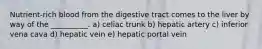 Nutrient-rich blood from the digestive tract comes to the liver by way of the __________. a) celiac trunk b) hepatic artery c) inferior vena cava d) hepatic vein e) hepatic portal vein