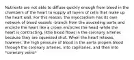 Nutrients are not able to diffuse quickly enough from blood in the chambers of the heart to supply all layers of cells that make up the heart wall. For this reason, the myocardium has its own network of blood vessels -branch from the ascending aorta and encircle the heart like a crown encircles the head -while the heart is contracting, little blood flows in the coronary arteries because they are squeezed shut. When the heart relaxes, however, the high pressure of blood in the aorta propels blood through the coronary arteries, into capillaries, and then into *coronary veins*