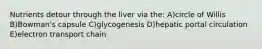 Nutrients detour through the liver via the: A)circle of Willis B)Bowman's capsule C)glycogenesis D)hepatic portal circulation E)electron transport chain