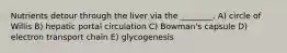 Nutrients detour through the liver via the ________. A) circle of Willis B) hepatic portal circulation C) Bowman's capsule D) electron transport chain E) glycogenesis