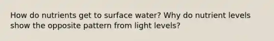 How do nutrients get to surface water? Why do nutrient levels show the opposite pattern from light levels?