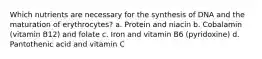 Which nutrients are necessary for the synthesis of DNA and the maturation of erythrocytes? a. Protein and niacin b. Cobalamin (vitamin B12) and folate c. Iron and vitamin B6 (pyridoxine) d. Pantothenic acid and vitamin C