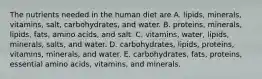 The nutrients needed in the human diet are A. lipids, minerals, vitamins, salt, carbohydrates, and water. B. proteins, minerals, lipids, fats, amino acids, and salt. C. vitamins, water, lipids, minerals, salts, and water. D. carbohydrates, lipids, proteins, vitamins, minerals, and water. E. carbohydrates, fats, proteins, essential amino acids, vitamins, and minerals.