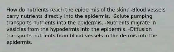 How do nutrients reach the epidermis of the skin? -Blood vessels carry nutrients directly into the epidermis. -Solute pumping transports nutrients into the epidermis. -Nutrients migrate in vesicles from the hypodermis into the epidermis. -Diffusion transports nutrients from blood vessels in the dermis into the epidermis.