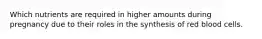 Which nutrients are required in higher amounts during pregnancy due to their roles in the synthesis of red blood cells.