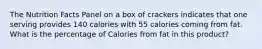 The Nutrition Facts Panel on a box of crackers indicates that one serving provides 140 calories with 55 calories coming from fat. What is the percentage of Calories from fat in this product?