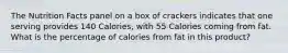 The Nutrition Facts panel on a box of crackers indicates that one serving provides 140 Calories, with 55 Calories coming from fat. What is the percentage of calories from fat in this product?