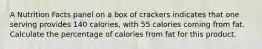 A Nutrition Facts panel on a box of crackers indicates that one serving provides 140 calories, with 55 calories coming from fat. Calculate the percentage of calories from fat for this product.