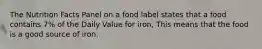 The Nutrition Facts Panel on a food label states that a food contains 7% of the Daily Value for iron, This means that the food is a good source of iron.