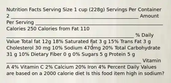 Nutrition Facts Serving Size 1 cup (228g) Servings Per Container 2 _____________________________________________________ Amount Per Serving _____________________________________________________ Calories 250 Calories from Fat 110 _____________________________________________________ % Daily Value Total fat 12g 18% Saturated Fat 3 g 15% Trans Fat 3 g Cholesterol 30 mg 10% Sodium 470mg 20% Total Carbohydrate 31 g 10% Dietary Fiber 0 g 0% Sugars 5 g Protein 5 g ________________________________________________________ Vitamin A 4% Vitamin C 2% Calcium 20% Iron 4% Percent Daily Values are based on a 2000 calorie diet Is this food item high in sodium?