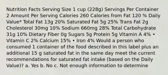 Nutrition Facts Serving Size 1 cup (228g) Servings Per Container 2 Amount Per Serving Calories 260 Calories from Fat 120 % Daily Value* Total Fat 13g 20% Saturated Fat 5g 25% Trans Fat 2g Cholesterol 30mg 10% Sodium 660mg 28% Total Carbohydrate 31g 10% Dietary Fiber 0g Sugars 5g Protein 5g Vitamin A 4% • Vitamin C 2% Calcium 15% • Iron 4% Would a person who consumed 1 container of the food described in this label plus an additional 15 g saturated fat in the same day meet the current recommendations for saturated fat intake (based on the Daily Value)? a. Yes b. No c. Not enough information to determine