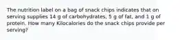 The nutrition label on a bag of snack chips indicates that on serving supplies 14 g of carbohydrates, 5 g of fat, and 1 g of protein. How many Kilocalories do the snack chips provide per serving?