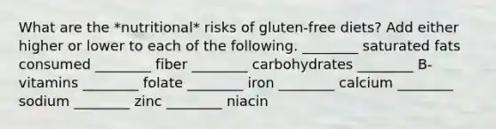 What are the *nutritional* risks of gluten-free diets? Add either higher or lower to each of the following. ________ saturated fats consumed ________ fiber ________ carbohydrates ________ B-vitamins ________ folate ________ iron ________ calcium ________ sodium ________ zinc ________ niacin