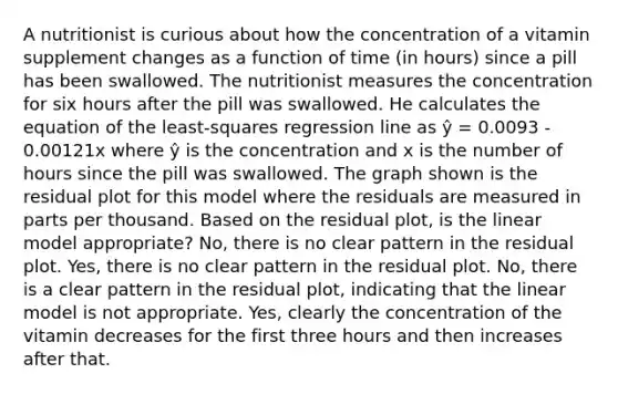 A nutritionist is curious about how the concentration of a vitamin supplement changes as a function of time (in hours) since a pill has been swallowed. The nutritionist measures the concentration for six hours after the pill was swallowed. He calculates the equation of the least-squares regression line as ŷ = 0.0093 - 0.00121x where ŷ is the concentration and x is the number of hours since the pill was swallowed. The graph shown is the residual plot for this model where the residuals are measured in parts per thousand. Based on the residual plot, is the linear model appropriate? No, there is no clear pattern in the residual plot. Yes, there is no clear pattern in the residual plot. No, there is a clear pattern in the residual plot, indicating that the linear model is not appropriate. Yes, clearly the concentration of the vitamin decreases for the first three hours and then increases after that.