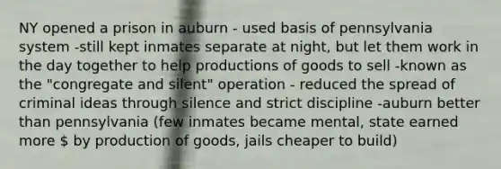 NY opened a prison in auburn - used basis of pennsylvania system -still kept inmates separate at night, but let them work in the day together to help productions of goods to sell -known as the "congregate and silent" operation - reduced the spread of criminal ideas through silence and strict discipline -auburn better than pennsylvania (few inmates became mental, state earned more  by production of goods, jails cheaper to build)