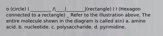 o (circle) I _________ /____|________|(rectangle) I I (Hexagon connected to a rectangle) _ Refer to the illustration above. The entire molecule shown in the diagram is called a(n) a. amino acid. b. nucleotide. c. polysaccharide. d. pyrimidine.