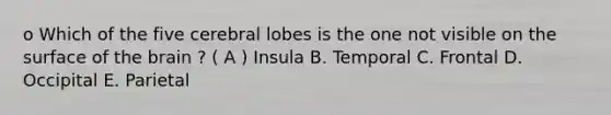 o Which of the five cerebral lobes is the one not visible on the surface of the brain ? ( A ) Insula B. Temporal C. Frontal D. Occipital E. Parietal