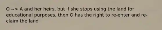 O --> A and her heirs, but if she stops using the land for educational purposes, then O has the right to re-enter and re-claim the land