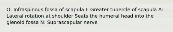 O: Infraspinous fossa of scapula I: Greater tubercle of scapula A: Lateral rotation at shoulder Seats the humeral head into the glenoid fossa N: Suprascapular nerve