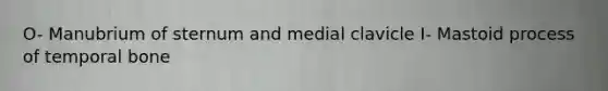 O- Manubrium of sternum and medial clavicle I- Mastoid process of temporal bone