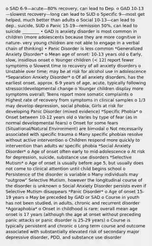 o SAD 6-9—acute—80% recovery, can lead to Dep. o GAD 10-13—slowest recovery—long can lead to SUD o Specific 9—most get helped, much better than adults o Social 10-13—can lead to dep., suicide, SUD o Panic 15-19—remission 50%, can lead to suicide ________ • GAD is anxiety disorder is most common in children (more adolescents because they are more cognitive in nature- very young children are not able to engage in a verbal chain of thinking) • Panic Disorder is less common *Generalized Anxiety Disorder* o Mean age of onset: 10-13 years old o Early, slow, insidious onset o Younger children (< 12) report fewer symptoms o Slowest time to recovery of all anxiety disorders o Unstable over time; may be at risk for alcohol use in adolescence *Separation Anxiety Disorder* o Of all anxiety disorders, has the earliest onset, approx. 6-9 years of age, acute, typically following stressor/developmental change o Younger children display more symptoms overall; Teens report more somatic complaints o Highest rate of recovery from symptoms in clinical samples o 1/3 may develop depression, social phobia; Girls at risk for developing Panic Disorder (mixed evidence) *Specific Phobia* o Onset between 10-12 years old o Varies by type of fear (as in normal developmental fears) o Onset for some fears (Situational/Natural Environment) are bimodal o Not necessarily associated with specific trauma o Many specific phobias resolve without active intervention o Children respond more quickly to intervention than adults w/ specific phobia *Social Anxiety Disorder* o Age of onset often early to mid-adolescence o At risk for depression, suicide, substance use disorders *Selective Mutism* o Age of onset is usually before age 5, but usually does not come to clinical attention until child begins school o Persistence of the disorder is variable o Many individuals may "outgrow" Selective Mutism, however the longitudinal course of the disorder is unknown o Social Anxiety Disorder persists even if Selective Mutism disappears *Panic Disorder* o Age of onset 15-19 years o May be preceded by GAD or SAD o Course in youth has not been studied, in adults, chronic and recurrent disorder *Agoraphobia* o Onset in childhood is rare; overall mean age onset is 17 years (although the age at onset without preceding panic attacks or panic disorder is 25-29 years) o Course is typically persistent and chronic o Long term course and outcome associated with substantially elevated risk of secondary major depressive disorder, PDD, and substance use disorder