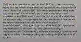 [O1] wouldn't we live in terrible fear? [R1] no, the chances are small that we would be picked (and we would fear disease less)... more chance of survival [O2] this treats people as if they were not unique and valuable [R2] no, X and Y are unique and valuable as well [O3] what about the practical difficulties? how do we know who is responsible for their conditions? how do we know the lottery will be safe from manipulation? (powerful/wealthy enough to get out of lottery) [R3] these are not objections to the idea but only the practicality of implementation [O4] there is a difference between "positive and negative killing," between killing and letting die [R4] what is it? explain