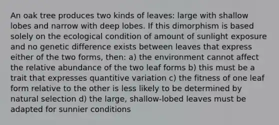 An oak tree produces two kinds of leaves: large with shallow lobes and narrow with deep lobes. If this dimorphism is based solely on the ecological condition of amount of sunlight exposure and no genetic difference exists between leaves that express either of the two forms, then: a) the environment cannot affect the relative abundance of the two leaf forms b) this must be a trait that expresses quantitive variation c) the fitness of one leaf form relative to the other is less likely to be determined by natural selection d) the large, shallow-lobed leaves must be adapted for sunnier conditions