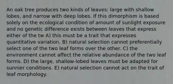 An oak tree produces two kinds of leaves: large with shallow lobes, and narrow with deep lobes. If this dimorphism is based solely on the ecological condition of amount of sunlight exposure and no genetic difference exists between leaves that express either of the tw A) this must be a trait that expresses quantitative variation. B) natural selection cannot preferentially select one of the two leaf forms over the other. C) the environment cannot affect the relative abundance of the two leaf forms. D) the large, shallow-lobed leaves must be adapted for sunnier conditions. E) natural selection cannot act on the trait of leaf morphology.