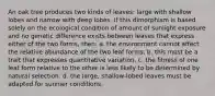 An oak tree produces two kinds of leaves: large with shallow lobes and narrow with deep lobes. If this dimorphism is based solely on the ecological condition of amount of sunlight exposure and no genetic difference exists between leaves that express either of the two forms, then: a. the environment cannot affect the relative abundance of the two leaf forms. b. this must be a trait that expresses quantitative variation. c. the fitness of one leaf form relative to the other is less likely to be determined by natural selection. d. the large, shallow-lobed leaves must be adapted for sunnier conditions.