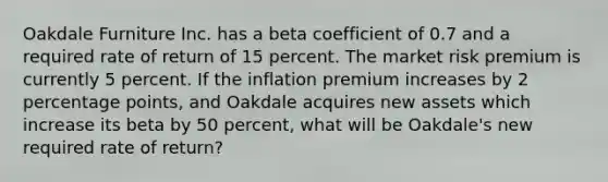 Oakdale Furniture Inc. has a beta coefficient of 0.7 and a required rate of return of 15 percent. The market risk premium is currently 5 percent. If the inflation premium increases by 2 percentage points, and Oakdale acquires new assets which increase its beta by 50 percent, what will be Oakdale's new required rate of return?