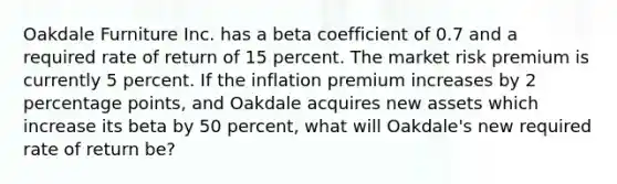 Oakdale Furniture Inc. has a beta coefficient of 0.7 and a required rate of return of 15 percent. The market risk premium is currently 5 percent. If the inflation premium increases by 2 percentage points, and Oakdale acquires new assets which increase its beta by 50 percent, what will Oakdale's new required rate of return be?