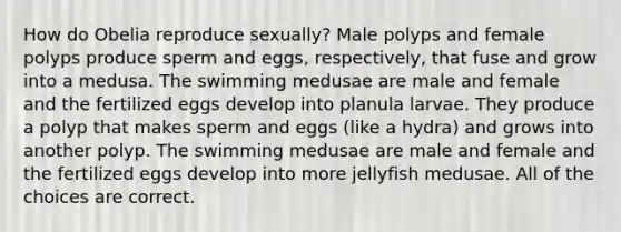 How do Obelia reproduce sexually? Male polyps and female polyps produce sperm and eggs, respectively, that fuse and grow into a medusa. The swimming medusae are male and female and the fertilized eggs develop into planula larvae. They produce a polyp that makes sperm and eggs (like a hydra) and grows into another polyp. The swimming medusae are male and female and the fertilized eggs develop into more jellyfish medusae. All of the choices are correct.