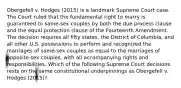 Obergefell v. Hodges (2015) is a landmark Supreme Court case. The Court ruled that the fundamental right to marry is guaranteed to same-sex couples by both the due process clause and the equal protection clause of the Fourteenth Amendment. The decision requires all fifty states, the District of Columbia, and all other U.S. possessions to perform and recognized the marriages of same-sex couples as equal to the marriages of opposite-sex couples, with all accompanying rights and responsibilities. Which of the following Supreme Court decisions rests on the same constitutional underpinnings as Obergefell v. Hodges (2015)?